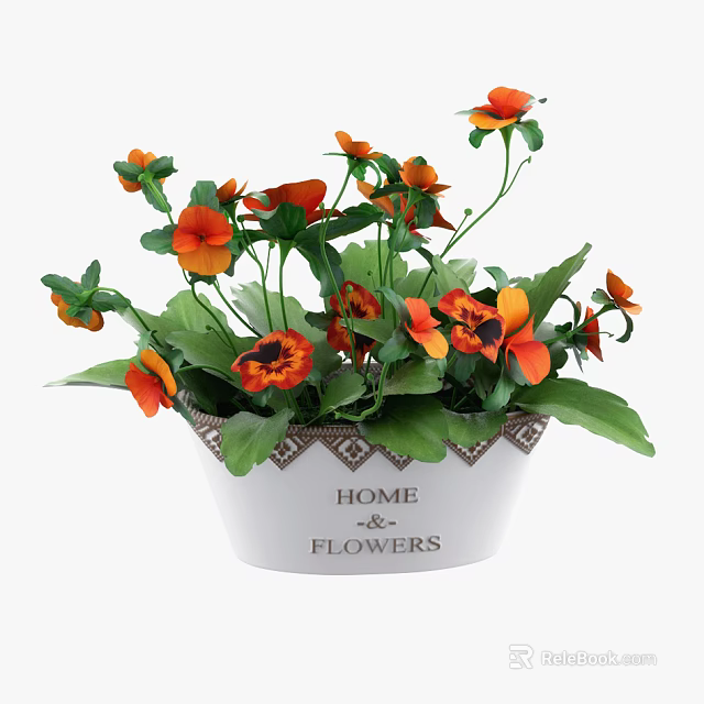 Decorative Potted Plant With Orange Red Flowers Green Leaves And HOME FLOWERS Design 3d model 