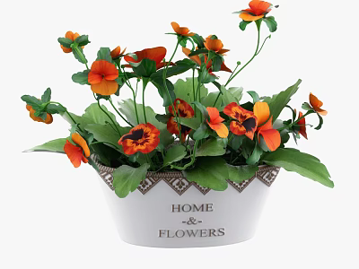 Decorative Potted Plant With Orange Red Flowers Green Leaves And HOME FLOWERS Design 3d model