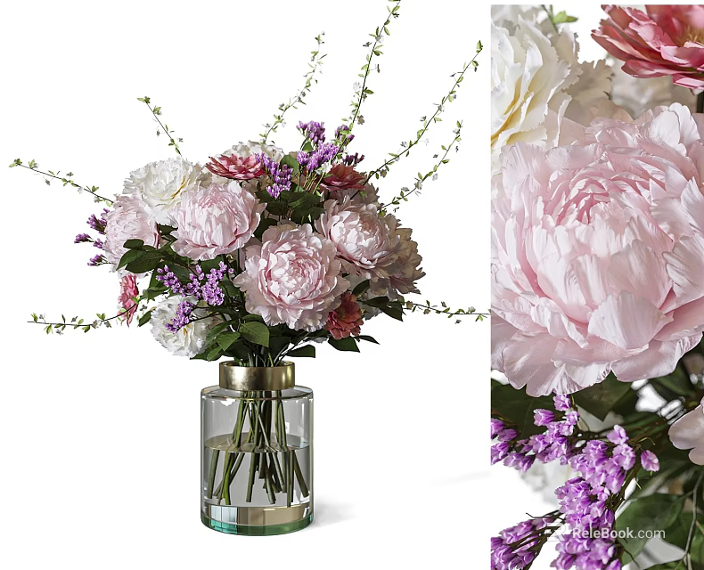 Pink Peonies and Purple Blooms in Clear Glass Vase with Gold Accent Design 3d model 