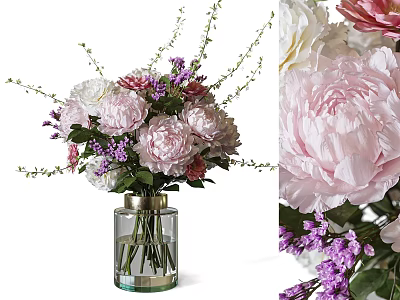 Pink Peonies and Purple Blooms in Clear Glass Vase with Gold Accent Design 3d model