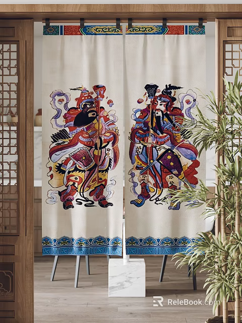 Colorful Animal Paintings on Traditional Door Curtain with Decorative Patterns and Plant 3d model 
