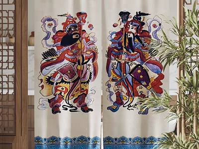Colorful Animal Paintings on Traditional Door Curtain with Decorative Patterns and Plant 3d model