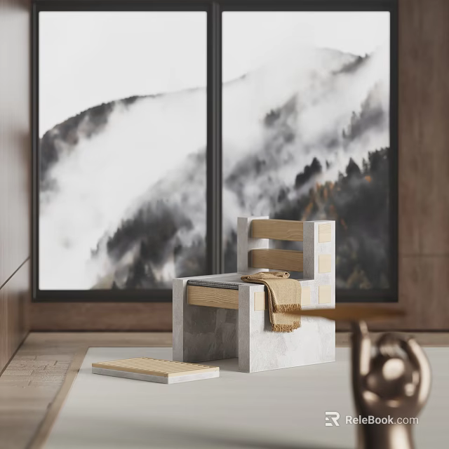 Modern Stone And Wooden Leisure Chair With Blanket By Mountain View Window 3d model 