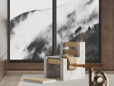 Modern Stone And Wooden Leisure Chair With Blanket By Mountain View Window 3d model