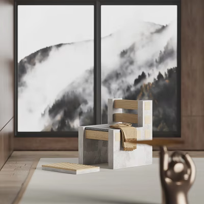 Modern Stone And Wooden Leisure Chair With Blanket By Mountain View Window 3d model