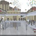 Vibrant Commercial Street With Pedestrians Shops Modern Buildings And Outdoor Seating