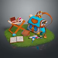 Stylish Blue And Orange Backpack With Folding Table And Stationery Items On Green Grass 3d model