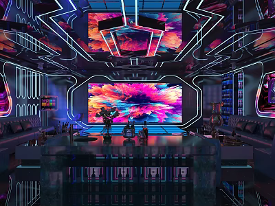 Modern KTV Interior Design With Colorful Neon Lights Large Screen And Comfortable Sofas 3d model