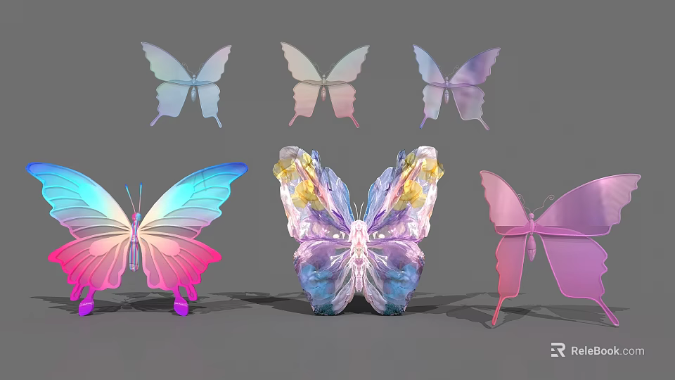 Colorful Decorative Butterflies With Iridescent Wings And Various Design Styles 3d model 