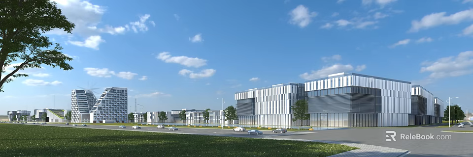Modern Office Building With Glass Facade Greenery Road Cars Under Blue Sky And White Clouds 3d model 