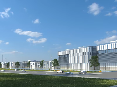 Modern Office Building With Glass Facade Greenery Road Cars Under Blue Sky And White Clouds 3d model