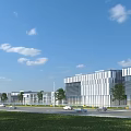 Modern Office Building With Glass Facade Greenery Road Cars Under Blue Sky And White Clouds