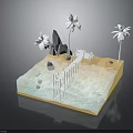 3D Beach Scene Model With Palm Trees Pier Water And Rocks