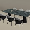 Modern Dining Table Set With Grey Marble Top And White Cushioned Black Frame Chairs 3d model