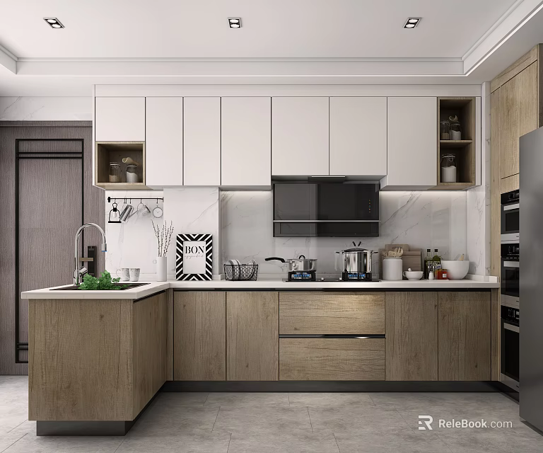 Modern Kitchen Interior Design With Wooden And White Cabinets Island Counter And Appliances 3d model 