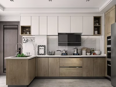 Modern Kitchen Interior Design With Wooden And White Cabinets Island Counter And Appliances 3d model