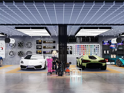 Luxury Car Dealership Showcasing White Green Sports Cars Tire Display Color Sample Wall And Customers 3d model