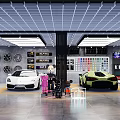Luxury Car Dealership Showcasing White Green Sports Cars Tire Display Color Sample Wall And Customers