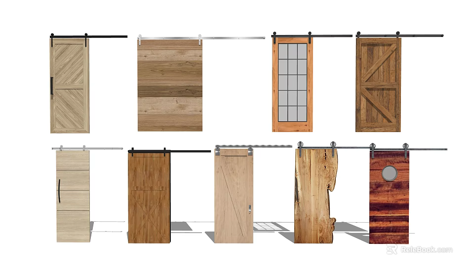 Barn Doors with Various Wooden Designs Panel Styles and Glass Inserts for Home Interiors 3d model 