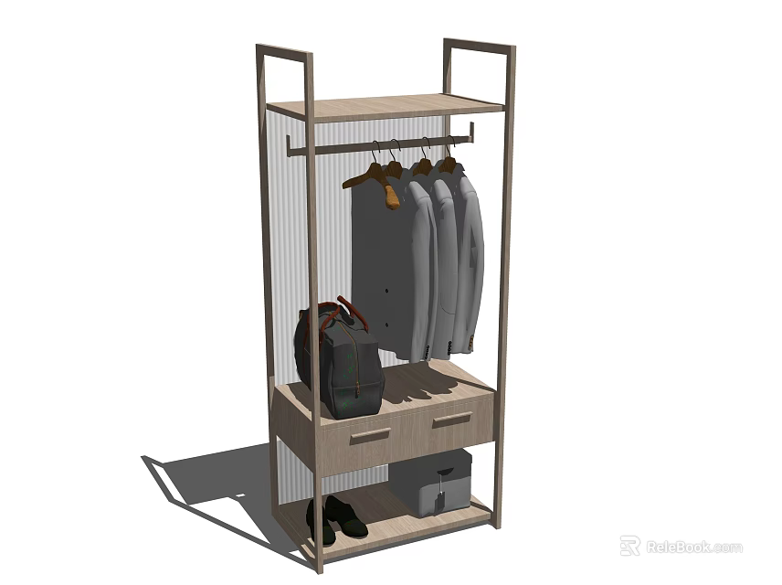 Modern Wooden Clothing Rack with Metal Frame Hanging Clothes Drawer and Backpack Storage 3d model 