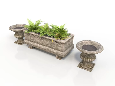 Bonsai Potted Plants with Stone Carved Planters Rectangular and Circular Shapes with Green Ferns 3d model