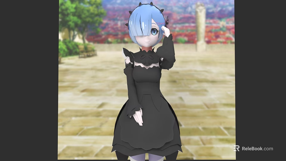 Anime Game Character Wearing Black Dress With Blue Eyes On Stone Path 3d model 