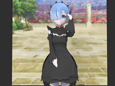 Anime Game Character Wearing Black Dress With Blue Eyes On Stone Path 3d model