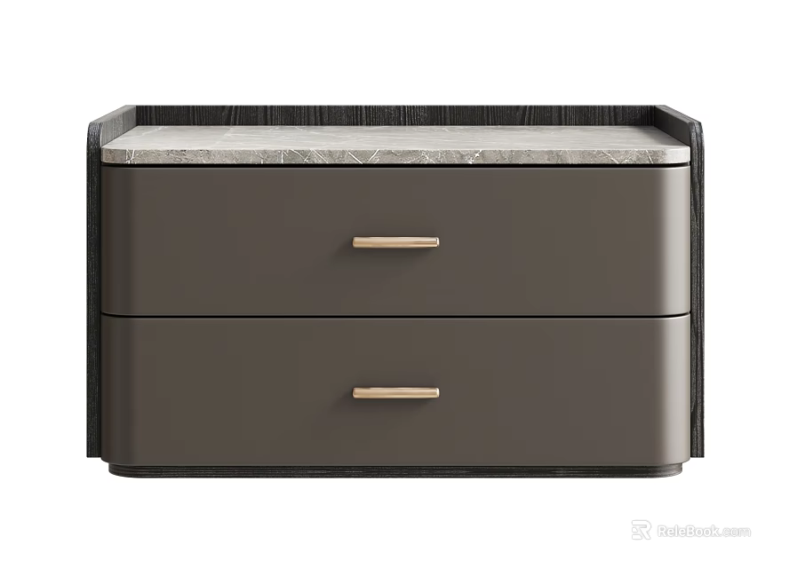 Modern Dark Gray Nightstand With Marble Top And Gold Drawer Handles 3d model 