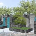 Modern Stone Landscape Wall Design With Trees And Water Features 3d model