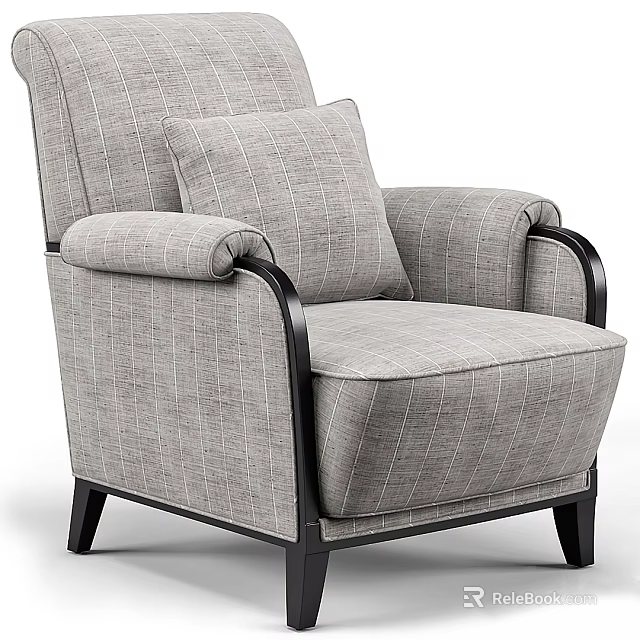 Elegant Single Sofa With Gray Plaid Fabric Black Metal Armrests And Matching Cushion 3d model 