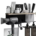 Bathroom Shelves Organized With Daily Care Products Hair Dryer Towels And Relax Print