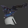 Glowing Fantasy Axe with Purple Blue Blade Mechanical Details and Brown Handle on White Stand