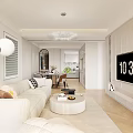 Modern Living Dining Room Interior With TV Wall Shelves Sofa Coffee Table And Chandelier