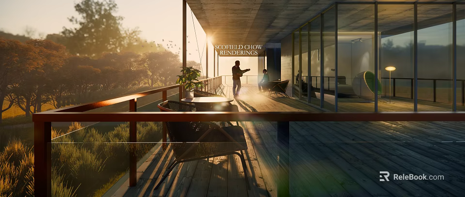 Sunlit Outdoor Leisure Space With Wooden Deck Rattan Chairs And Green Plants 3d model 