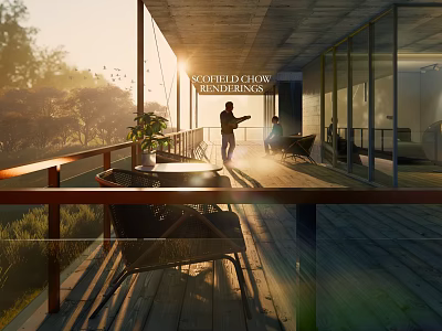 Sunlit Outdoor Leisure Space With Wooden Deck Rattan Chairs And Green Plants 3d model