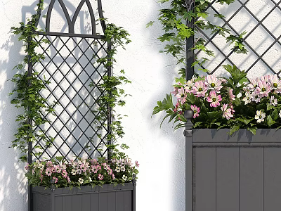 Garden Ornaments Featuring Black Lattice Trellis Green Vines And Gray Planter With Pink White Flowers 3d model