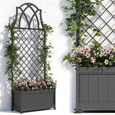 Garden Ornaments Featuring Black Lattice Trellis Green Vines And Gray Planter With Pink White Flowers 3d model