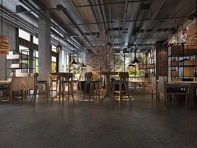 Industrial Café Interior With High Ceilings Metal Pipes Wooden Tables And Hanging Lights 3d model