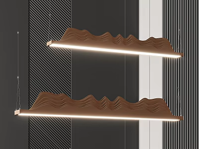 Stylish Wavy Wooden Pendant Lights Illuminated Hanging In Modern Interior Design 3d model