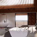 Hotel Guest Room Interior With Wooden Beams Blue White Tapestries TV Stand And Natural Light