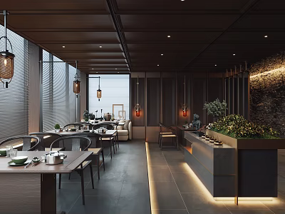 Modern Restaurant Interior With Hanging Lanterns Wooden Tables And Green Plants 3d model