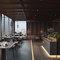 Modern Restaurant Interior With Hanging Lanterns Wooden Tables And Green Plants