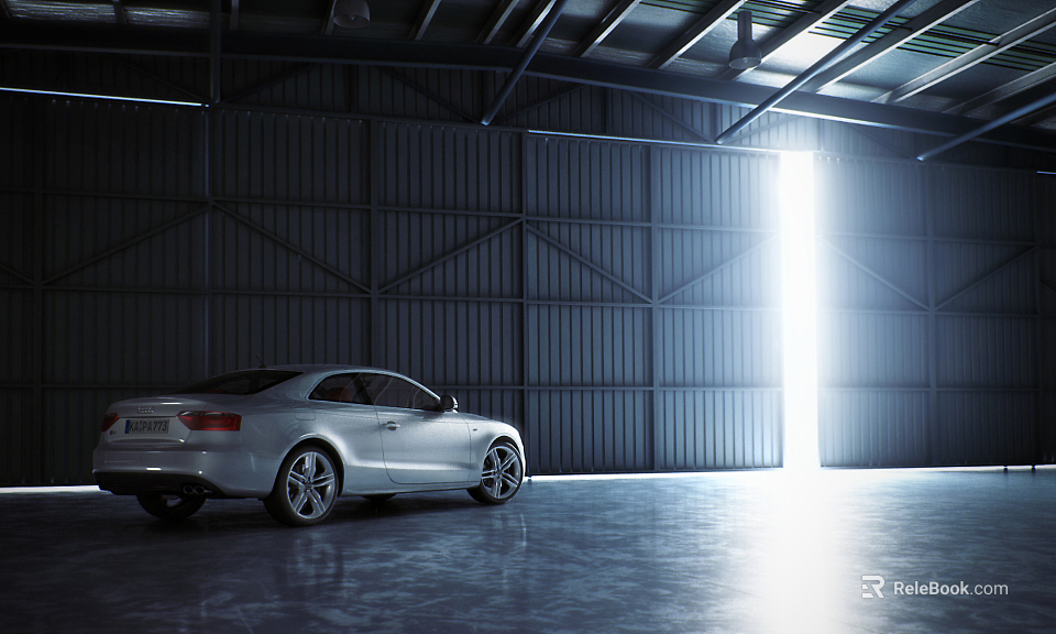 Silver Sports Car Parked In Industrial Garage With Bright Light Streaming Through Door 3d model 