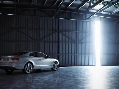 Silver Sports Car Parked In Industrial Garage With Bright Light Streaming Through Door 3d model