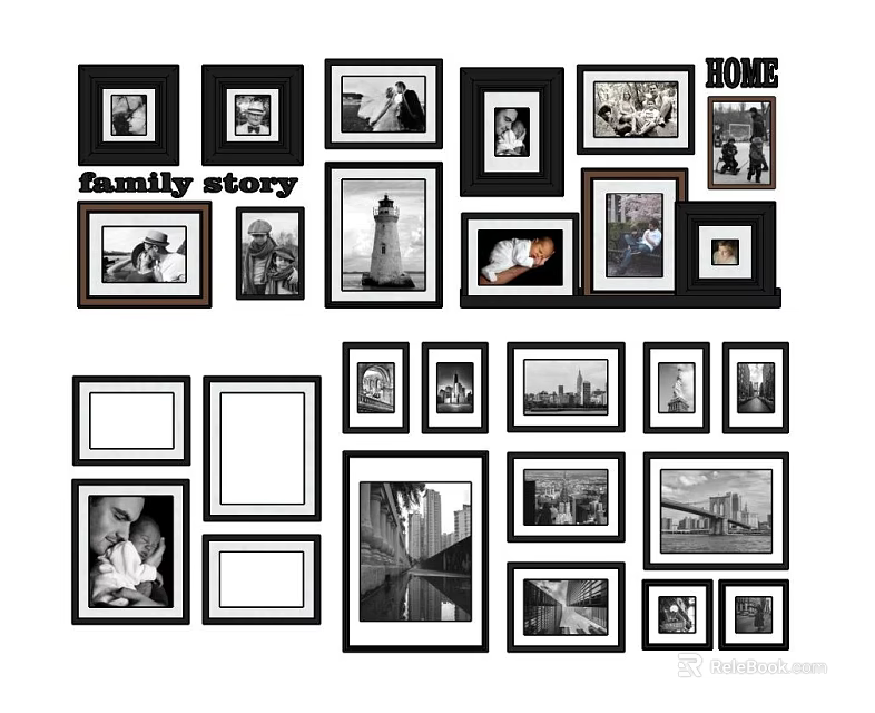 Family Story Home Themed Wall Art With Black Picture Frames And Collage Design 3d model 