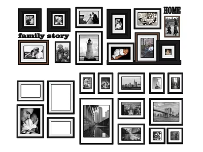 Family Story Home Themed Wall Art With Black Picture Frames And Collage Design 3d model