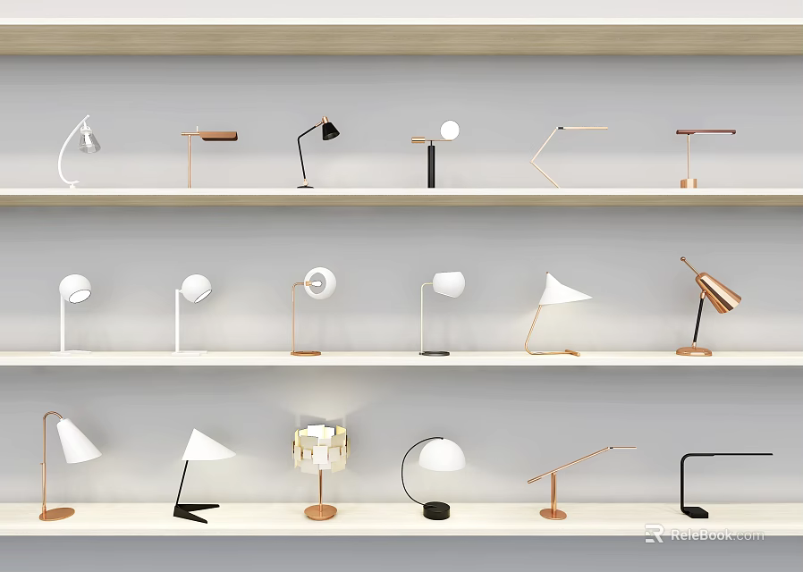 Modern Table Lamps Display On Wooden Shelves With Various Designs And Metallic Bases 3d model 