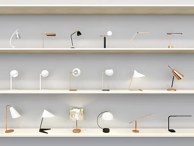 Modern Table Lamps Display On Wooden Shelves With Various Designs And Metallic Bases 3d model