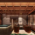 Elegant Private Box Interior Featuring Wooden Ceiling Hot Spring Pool Glass Partitions and Stone Walls