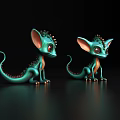 Cute Turquoise Fantasy Creatures With Large Ears Curly Tails On Dark Background